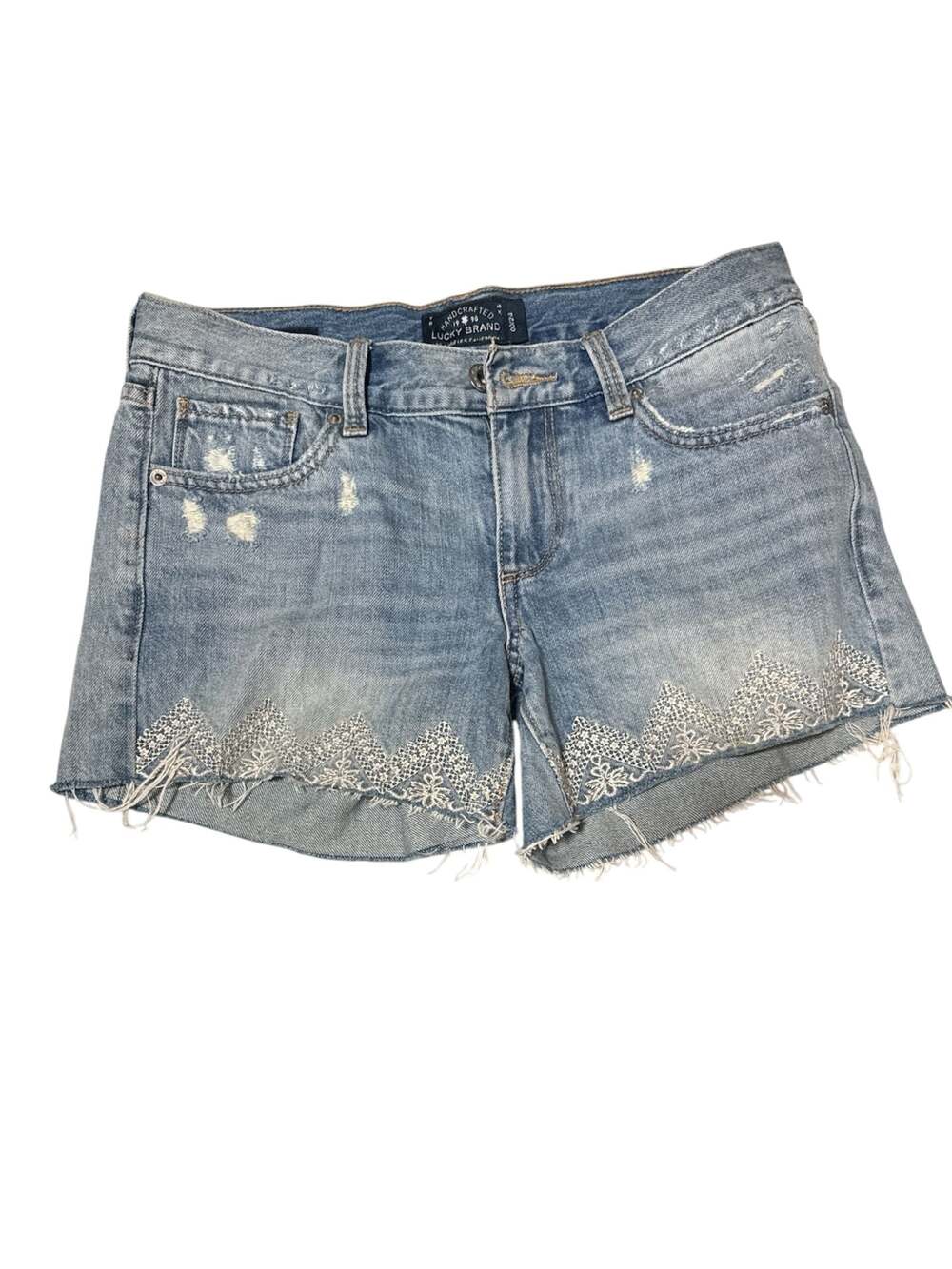 Lucky Brand The Cut Off Women's Distressed Denim Shorts White Embroidery size 24